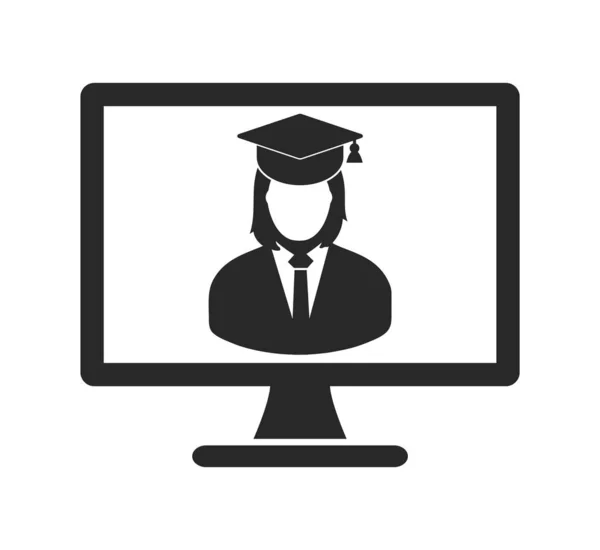 E Learning Icon. Graduate student symbol on Computer Monitor. Fl