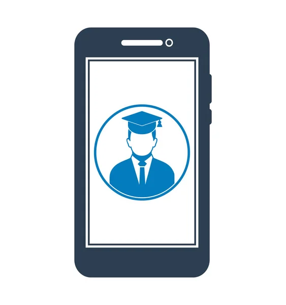 E Icône d'apprentissage. Symbole étudiant diplômé sur écran mobile. Plat — Image vectorielle