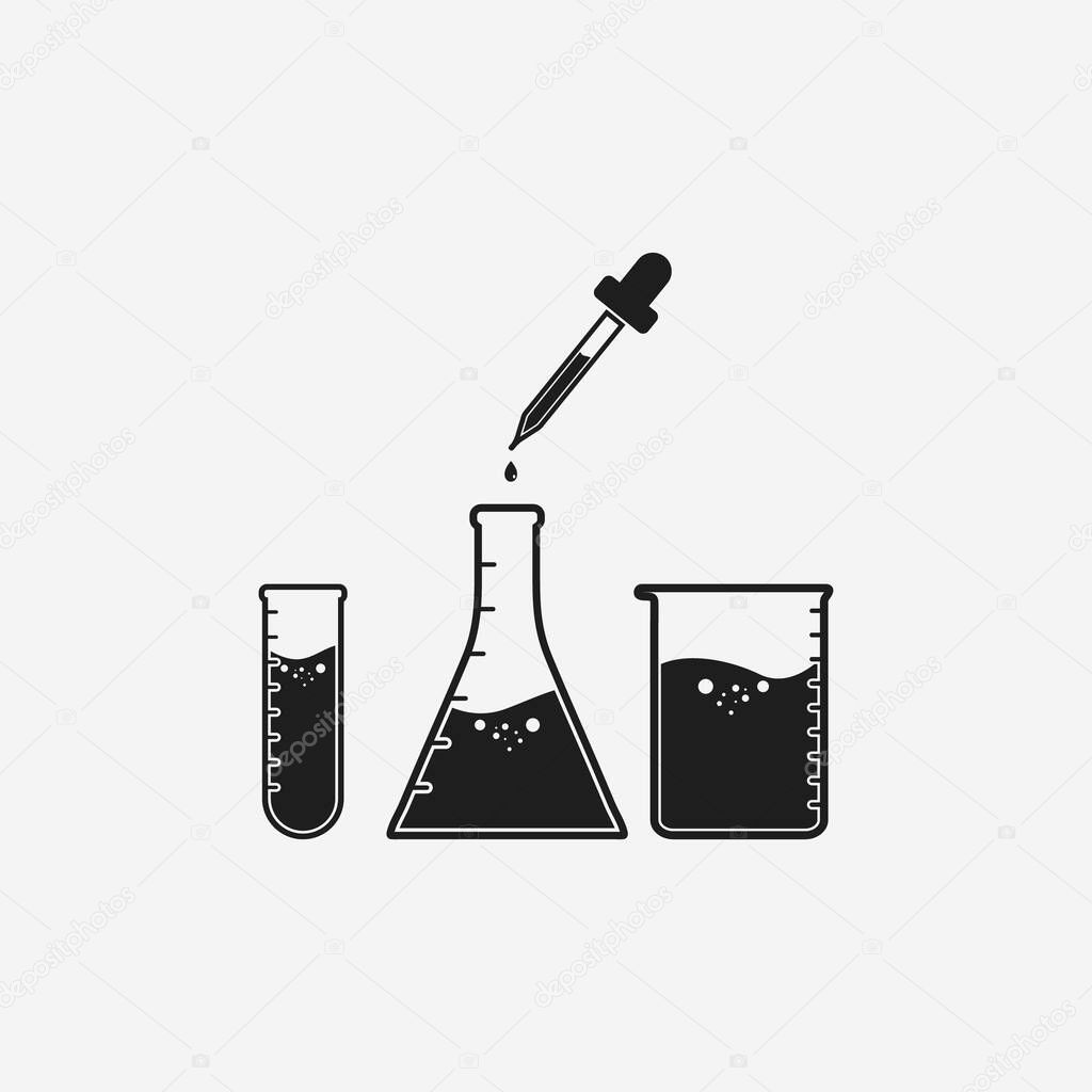 Lab Equipment Icon. Conical Flask, Beaker, Test tube and Dropper Sign. Editable Vector EPS Symbol Illustration. 