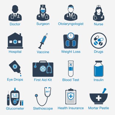 Doktor, Cerrah, Otolaryngolog, Hemşire, Hastane, Aşı, İlaç, Kilo Ölçeği, Göz Düşürme, İnsülin, Kan Testi, İlk Yardım kiti, Sigorta, Statoskop İşareti. Düzenlenebilir Vektör EPS Sembol İllüstrasyonu. 