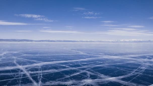 Frozen Lake Baikal Aerial View Прекрасний Зимовий Пейзаж Чистим Гладеньким — стокове відео