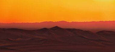 Moğolistan 'ın Gobi çölünde güzel kum tepeleri. Güzel kum tepelerinin manzarası. Şafak vakti ateş tepeleri