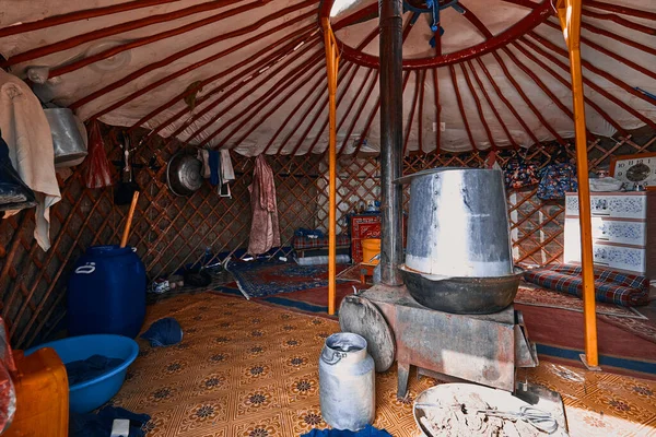 Life of the Mongolian Yurt. Interior of the nomad\'s house. Mongol family at home. 06.09.2019. Gobi Desert, Mongolia.