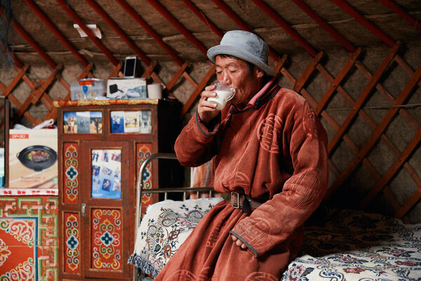 Монгольский человек в традиционном халате, пьет козье молоко в юрте. Жизнь монгольской юрты. Интерьер дома кочевника. В 2019 году. Гоби-Дезерт
.
