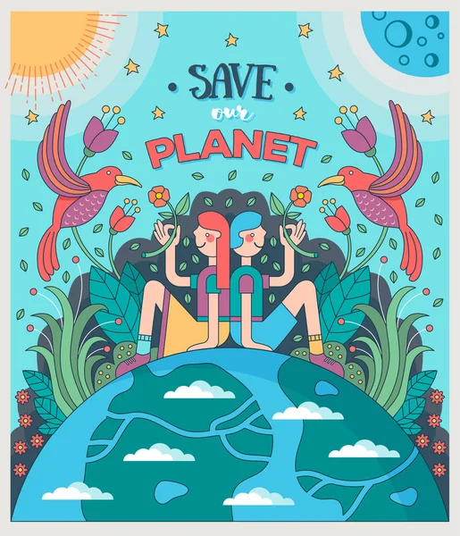 Save our planet. Girl and boy sitting on Earth offering flowers to birds, surrounded by plants, Sun and Moon. — Stock Vector