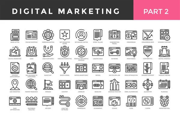 Iconos de marketing digital, estilo de línea delgada, juego grande. Segunda parte. — Vector de stock