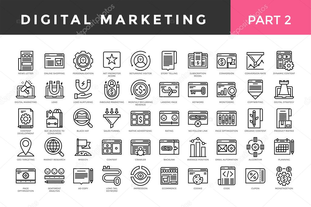 Digital marketing icons, thin line style, big set. Part two.