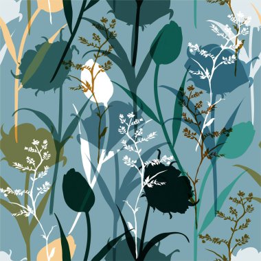 Retro Siluet Yapraklı ve yüzgeçli, soyut, pürüzsüz desen