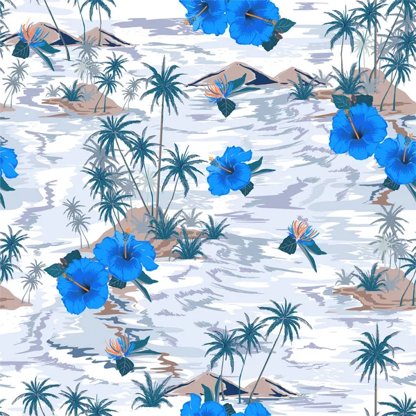 Vintage stemming pon monotone blauwe eiland zomer paradijs met bloo — Stockvector
