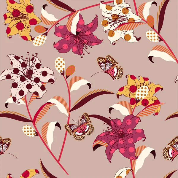 Retro Trendy Vector patrón floral sin costuras en el arte pop colorido — Vector de stock