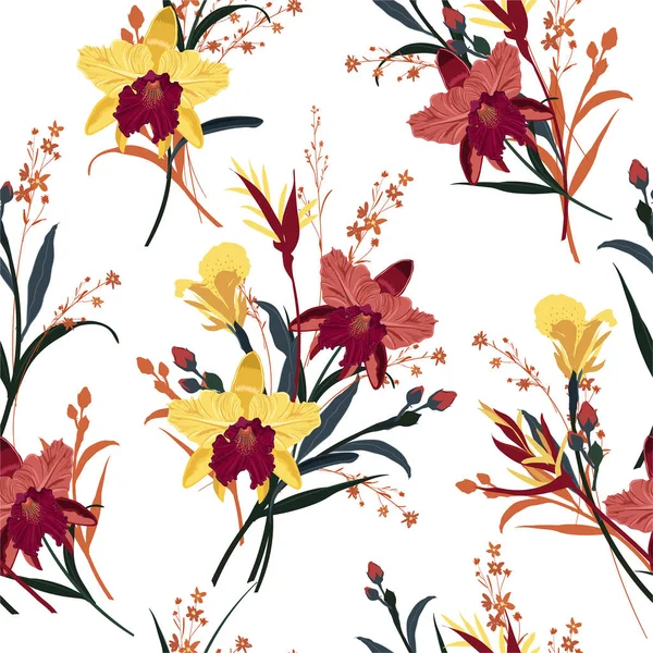Бесшовный вектор цветущей орхидеи, цветочный летний узор backgroun — стоковый вектор