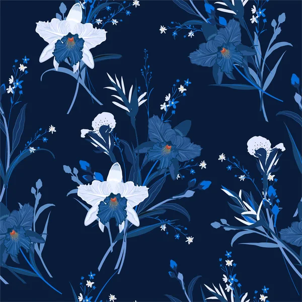 Monotone in blue of Floral seamless pattern with Orchids. Hand d — Stock Vector