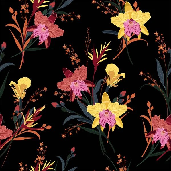 Beautiful of Orchids Floral in the garden night seamless pattern — Stock Vector