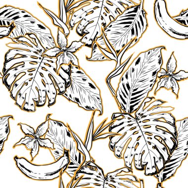 El çizimi egzotik yapraklar, pürüzsüz desen. Tropikal
