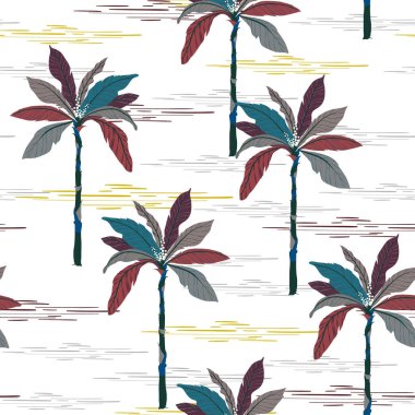 Beyaz orman arka planında bir yaz palmiyesi ağacı. Vektör denizi