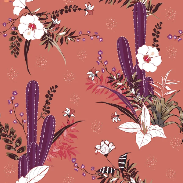 Dibujo a mano Cactus Planta y flores Patrón sin costura. Exótico. — Vector de stock