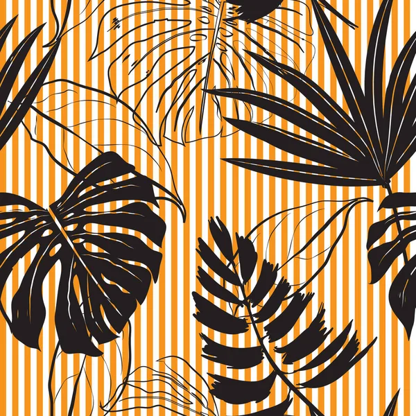 Seamless mão desenhada silhueta preta folhas tropicais — Vetor de Stock
