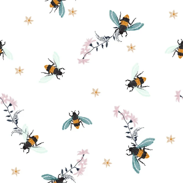 Abeja Miel Bordada Con Flores Parche Moda Con Ilustración Insectos — Vector de stock