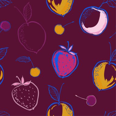 Renkli El çizimi ve yaz çizimi Moda kumaşı için kusursuz desen vektörü ve koyu pupa arkaplan rengi üzerindeki tüm baskılar.