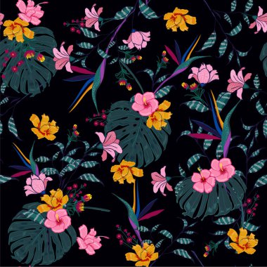 Orman vektörü kusursuz güzel, sanatsal, karanlık, egzotik ormanlı, tropik desenler. Renkli, orijinal, çiçekli arka plan baskısı, parlak gökkuşağı çiçeği ve siyah..