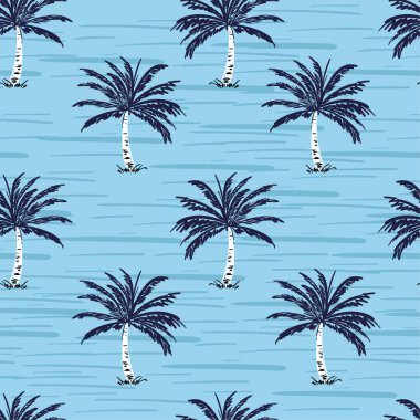 Gökteki lacivert palmiye ağaçları mavi arka planda. Vektör kusursuz desen. Tropik illüstrasyon. Orman yaprakları.