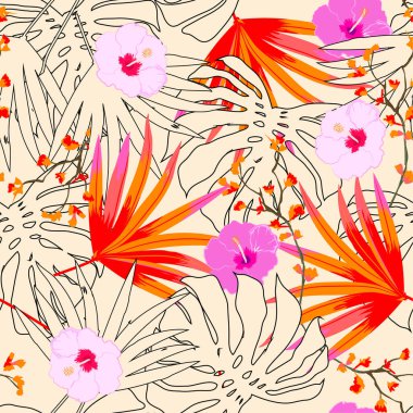 Kusursuz, güzel, sanatsal, parlak, egzotik ormanlı tropikal desen. Renkli orijinal çiçek arkaplan baskısı, bej rengi parlak renkler.