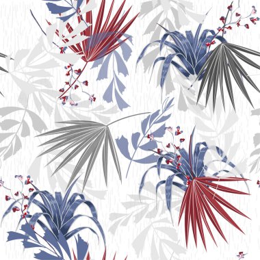 Kusursuz, güzel, sanatsal, parlak, egzotik ormanlı bir tropikal model. Renkli orijinal çiçek arkaplan izi, beyaz üzerine parlak gökkuşağı rengi.