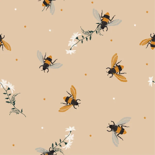 Elegante Abeja Miel Bordado Vintage Divertida Abeja Con Flores Parche — Vector de stock