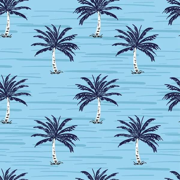 Navy Blue Palm Trees Sky Blue Background Vector Seamless Pattern — Stock Vector