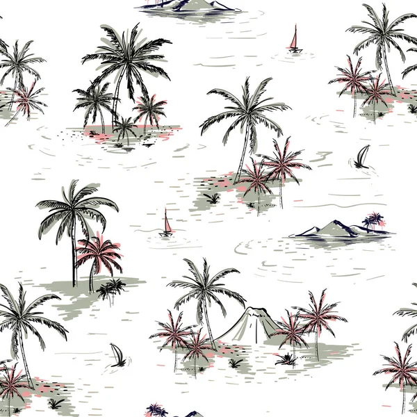 Красивий Безшовний Острівний Візерунок Білому Тлі Пейзаж Пальмами Плямами Океаном — стоковий вектор