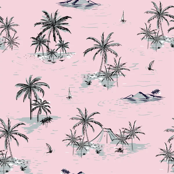 Mooi Naadloos Eilandpatroon Roze Achtergrond Landschap Met Palmbomen Strand Oceaan — Stockvector