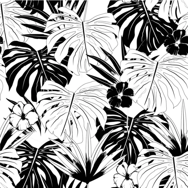 Vecteur Magnifique Balck Artistique Sans Couture Motif Tropical Blanc Avec — Image vectorielle