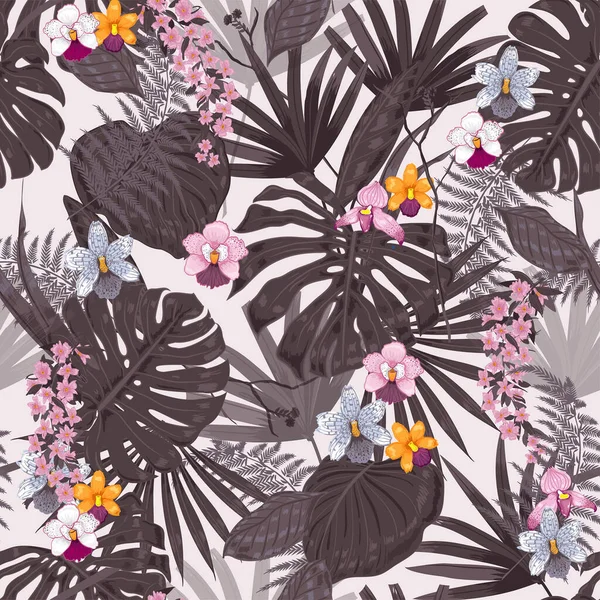 Verano Exótico Vector Tropical Fondo Con Plantas Flores Hawaianas Patrón — Vector de stock