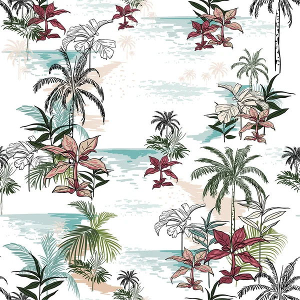 Beautiful Seamless Island Pattern White Background Landscape Palm Trees Beach — Stock Vector