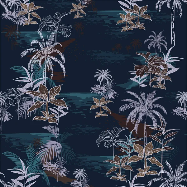 Magnifique Motif Île Tropicale Sombre Sans Couture Sur Fond Bleu — Image vectorielle