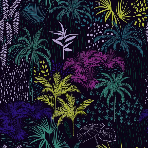 Όμορφη Απρόσκοπτη Σκούρο Τροπικό Καλοκαίρι Μοτίβο Δάσος Μαύρο Πολύχρωμους Φοίνικες — Διανυσματικό Αρχείο