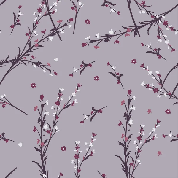 植物区系植物装饰无缝花纹风吹花 分离于紫丁香色 织物印花的复古风格设计 壁纸背景 — 图库矢量图片