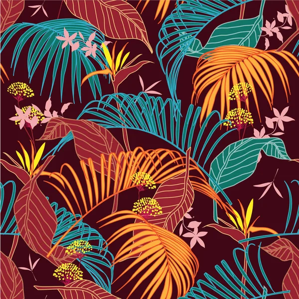 Vetor Brilhante Colorido Sem Costura Belo Padrão Artístico Tropical Com — Vetor de Stock