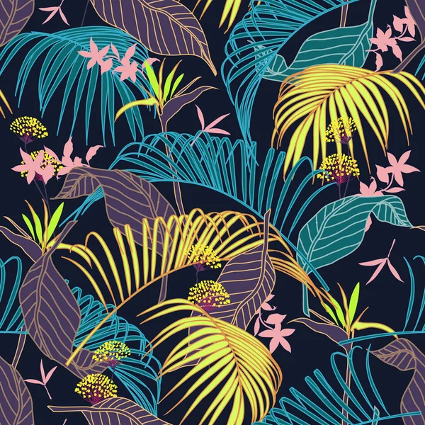 Vector Seamless Beautiful Artistic Bright Tropical Pattern Exotic Forest Colorful — Stock Vector