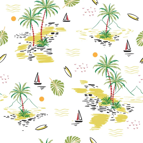 Hermoso Patrón Isla Sin Costuras Sobre Fondo Blanco Paisaje Con — Vector de stock