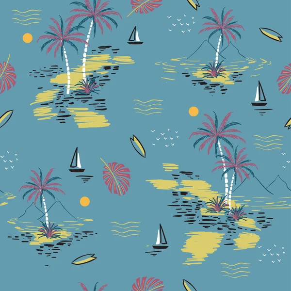 Mooi Naadloos Eilandpatroon Pastelblauwe Achtergrond Landschap Met Palmbomen Strand Oceaan — Stockvector