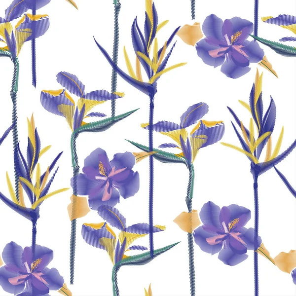 Безшовний Синій Тропічний Безшовний Візерунок Барвистої Квітки Гібіскуса Білому Тлі — стоковий вектор