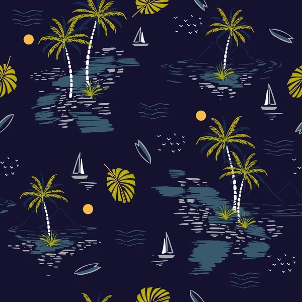 Krásné Bezešvé Ostrov Vzor Tmavomodrém Pozadí Krajina Palmami Pláž Oceán — Stockový vektor