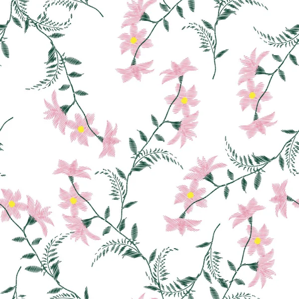 Embroidery flowers, spring seamless pattern. Classical forest embroidery autumn leaves, spring flowers, seamless pattern. Fashionable template for design of clothes, t-shirt design on white