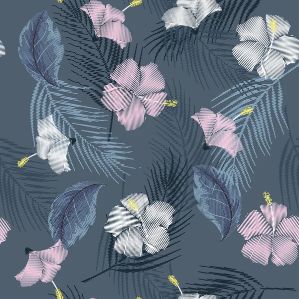 Modèle Sans Couture Tropicale Transparente Fleur Hibiscus Sur Fond Bleu — Image vectorielle