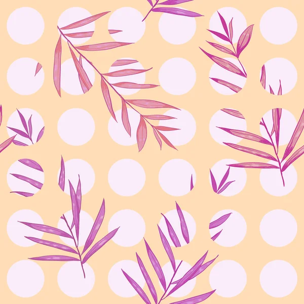 白色波尔卡圆点上甜美的粉红 无缝图案 点间夹杂着五彩斑斓的异国情调的叶子 — 图库矢量图片