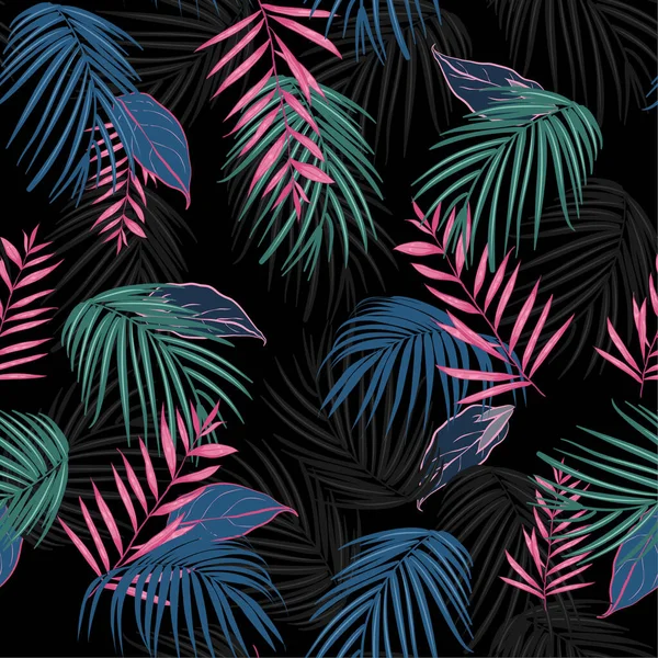 Vector Seamless Beautiful Artistic Dark Tropical Pattern Exotic Forest Colorful — Stock Vector