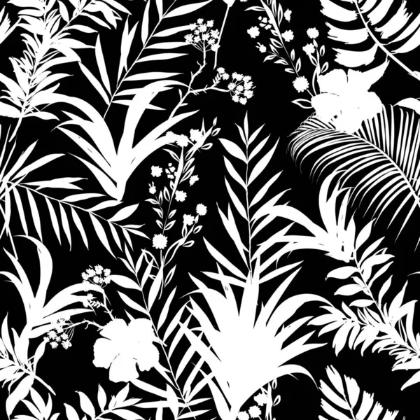 Palmiers Blancs Forêt Tropicale Sur Fond Noir Modèle Sans Couture — Image vectorielle