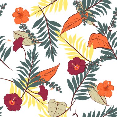 Hawaii baskı vektörü kusursuz güzel sanatsal parlak yaz tropikal desenli egzotik ormanlı. Renkli orijinal çiçek karışımı, yapraklı arka plan, beyaz. 