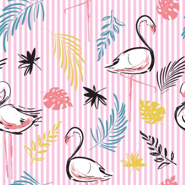 Yaz titreşimleri Güzel el çizimi pastel kontrastlı tropikal motif vektör flamingo kuşu, yapraklar, tropikal yapraklar, tatlı çizgili pembe arka planda desen.